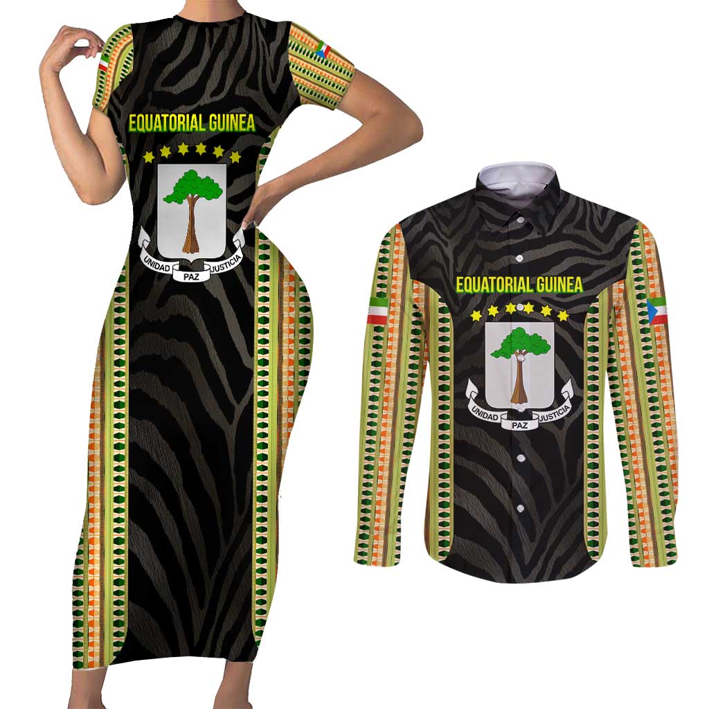 Equatorial Guinea Heritage Couples Matching Short Sleeve Bodycon Dress and Long Sleeve Button Shirt with National Emblem and Tribal Zebra Print