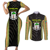 Equatorial Guinea Heritage Couples Matching Short Sleeve Bodycon Dress and Long Sleeve Button Shirt with National Emblem and Tribal Zebra Print
