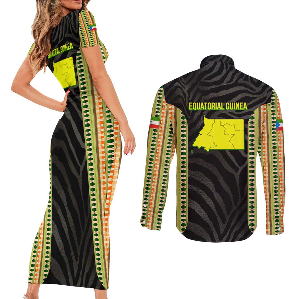 Equatorial Guinea Heritage Couples Matching Short Sleeve Bodycon Dress and Long Sleeve Button Shirt with National Emblem and Tribal Zebra Print