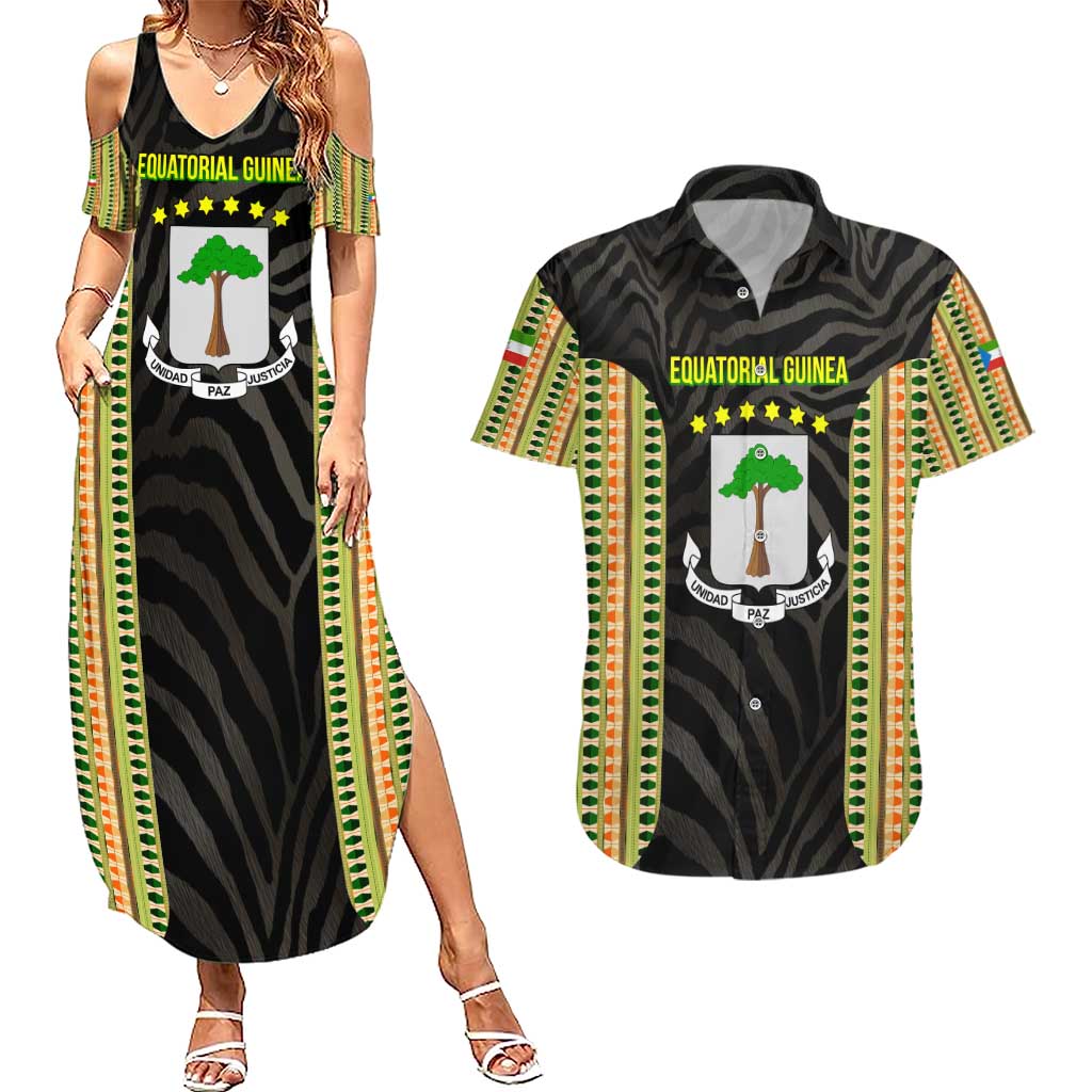 Equatorial Guinea Heritage Couples Matching Summer Maxi Dress and Hawaiian Shirt with National Emblem and Tribal Zebra Print