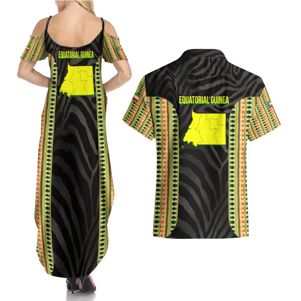 Equatorial Guinea Heritage Couples Matching Summer Maxi Dress and Hawaiian Shirt with National Emblem and Tribal Zebra Print