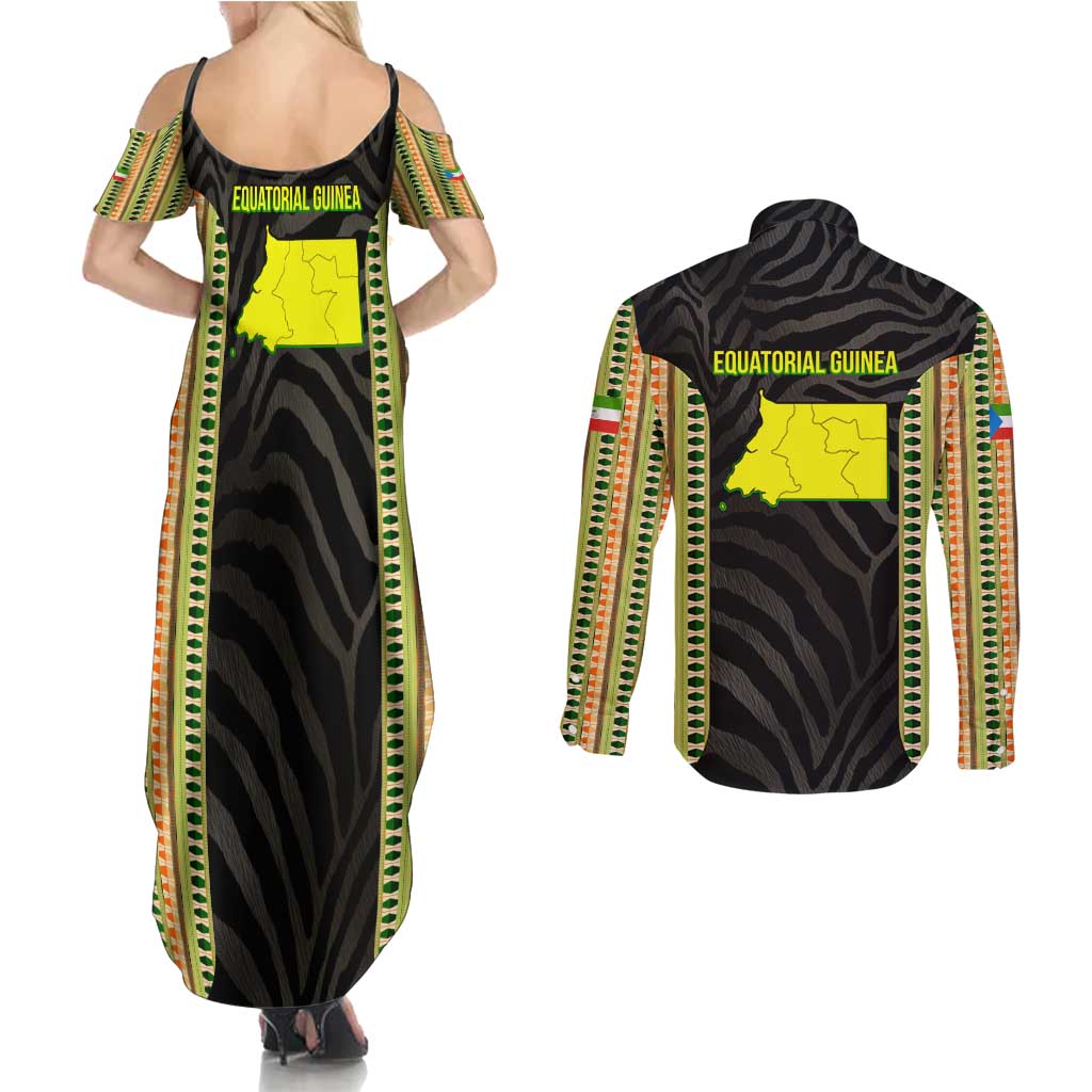 Equatorial Guinea Heritage Couples Matching Summer Maxi Dress and Long Sleeve Button Shirt with National Emblem and Tribal Zebra Print