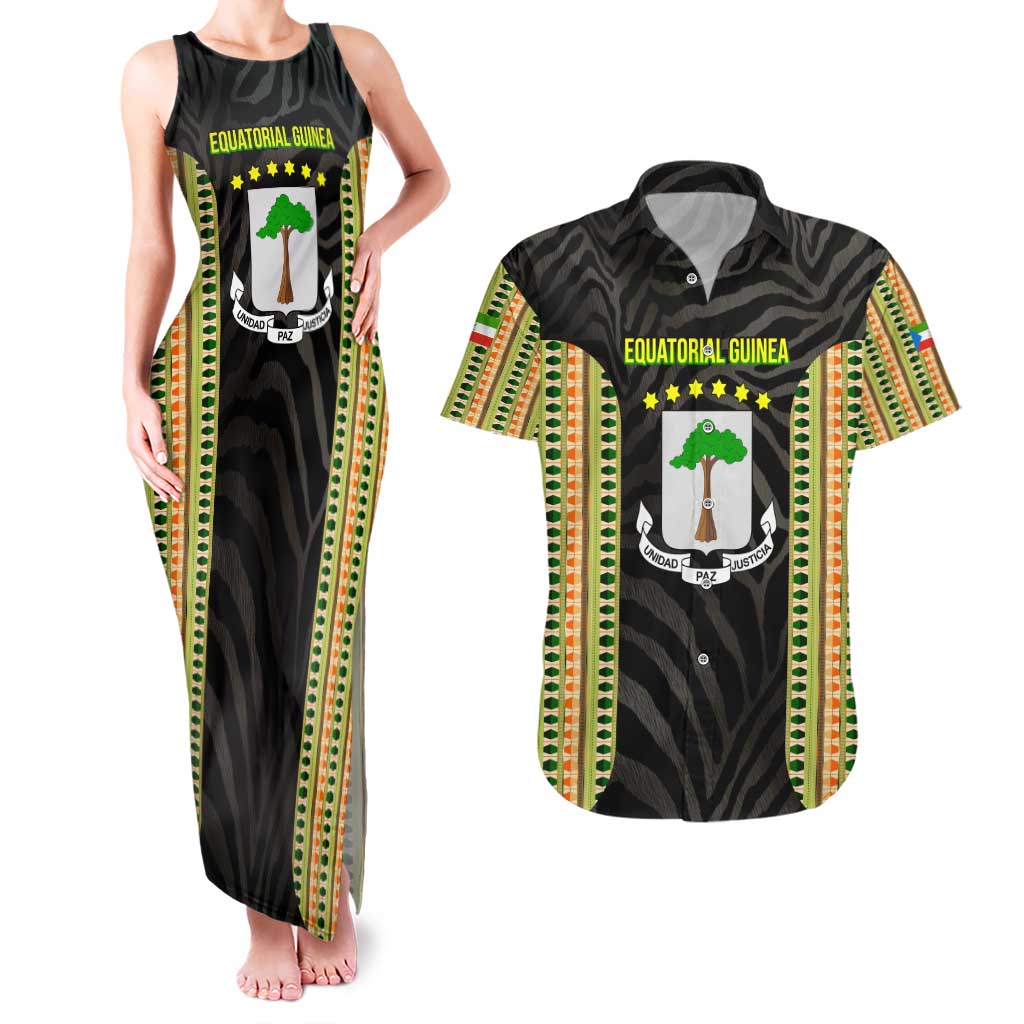 Equatorial Guinea Heritage Couples Matching Tank Maxi Dress and Hawaiian Shirt with National Emblem and Tribal Zebra Print