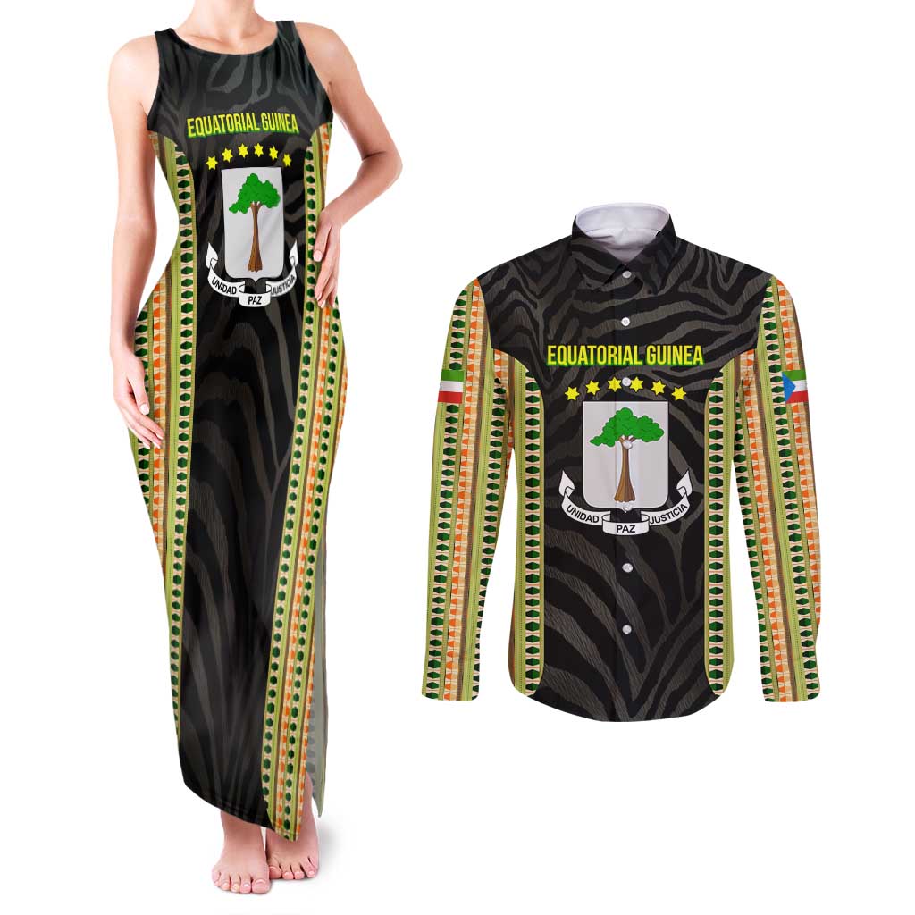 Equatorial Guinea Heritage Couples Matching Tank Maxi Dress and Long Sleeve Button Shirt with National Emblem and Tribal Zebra Print