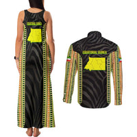 Equatorial Guinea Heritage Couples Matching Tank Maxi Dress and Long Sleeve Button Shirt with National Emblem and Tribal Zebra Print