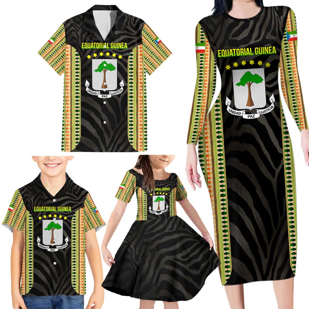 Equatorial Guinea Heritage Family Matching Long Sleeve Bodycon Dress and Hawaiian Shirt with National Emblem and Tribal Zebra Print