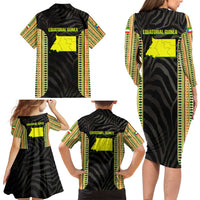Equatorial Guinea Heritage Family Matching Long Sleeve Bodycon Dress and Hawaiian Shirt with National Emblem and Tribal Zebra Print