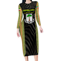 Equatorial Guinea Heritage Family Matching Long Sleeve Bodycon Dress and Hawaiian Shirt with National Emblem and Tribal Zebra Print