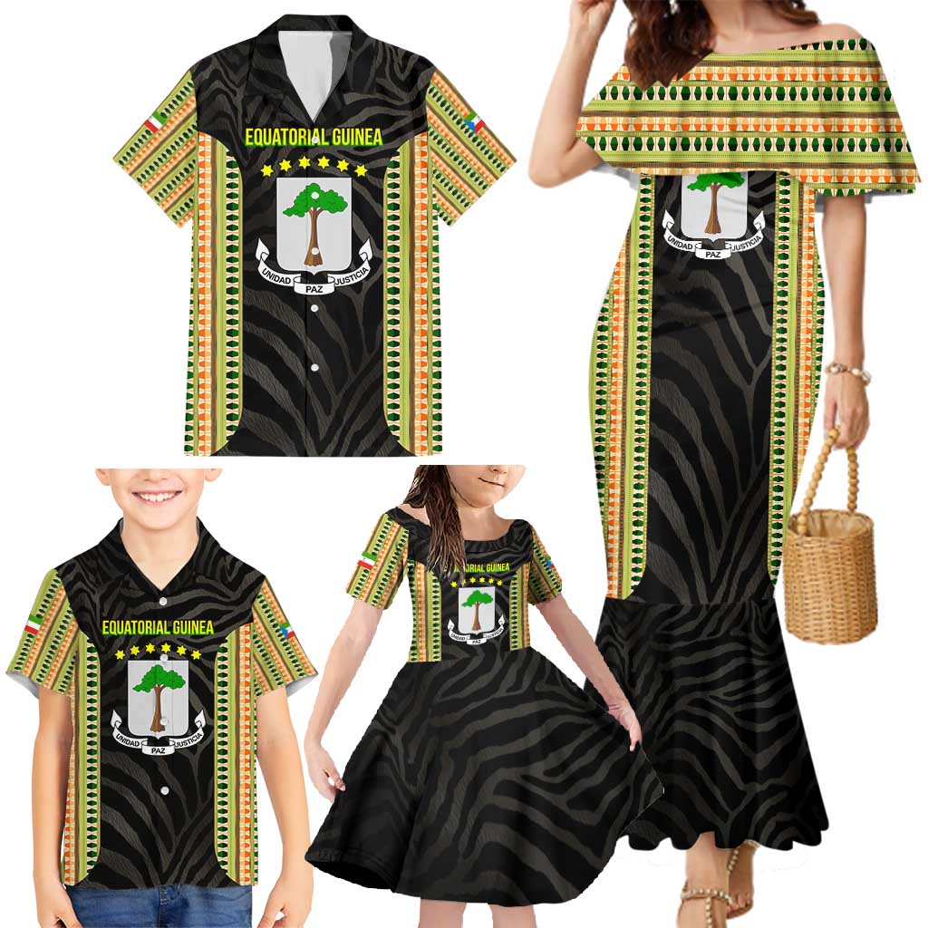 Equatorial Guinea Heritage Family Matching Mermaid Dress and Hawaiian Shirt with National Emblem and Tribal Zebra Print
