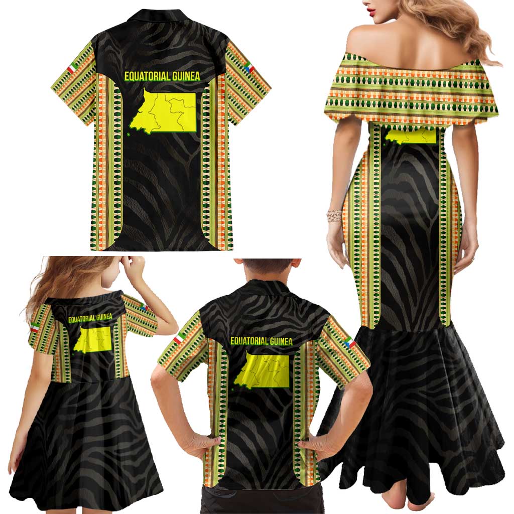 Equatorial Guinea Heritage Family Matching Mermaid Dress and Hawaiian Shirt with National Emblem and Tribal Zebra Print