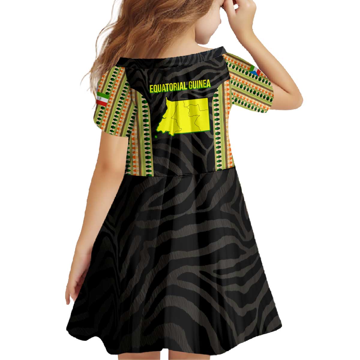 Equatorial Guinea Heritage Family Matching Off The Shoulder Long Sleeve Dress and Hawaiian Shirt with National Emblem and Tribal Zebra Print