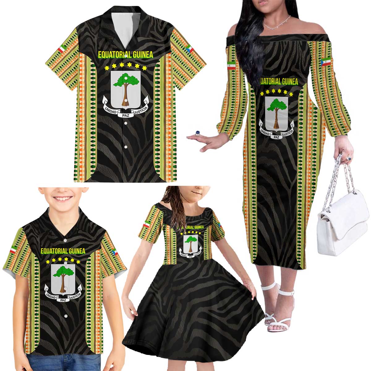 Equatorial Guinea Heritage Family Matching Off The Shoulder Long Sleeve Dress and Hawaiian Shirt with National Emblem and Tribal Zebra Print