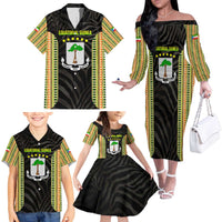Equatorial Guinea Heritage Family Matching Off The Shoulder Long Sleeve Dress and Hawaiian Shirt with National Emblem and Tribal Zebra Print