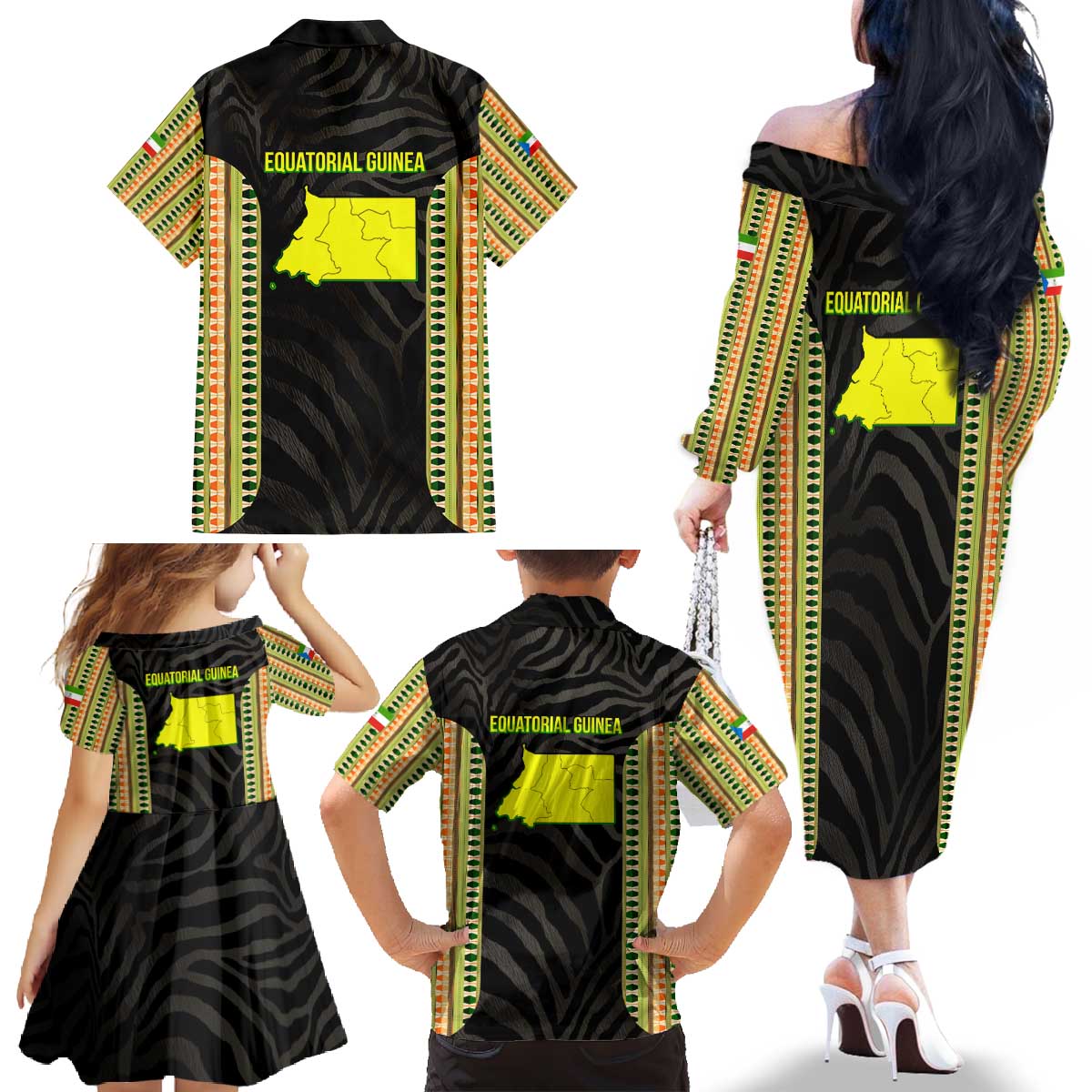 Equatorial Guinea Heritage Family Matching Off The Shoulder Long Sleeve Dress and Hawaiian Shirt with National Emblem and Tribal Zebra Print