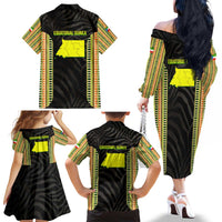 Equatorial Guinea Heritage Family Matching Off The Shoulder Long Sleeve Dress and Hawaiian Shirt with National Emblem and Tribal Zebra Print