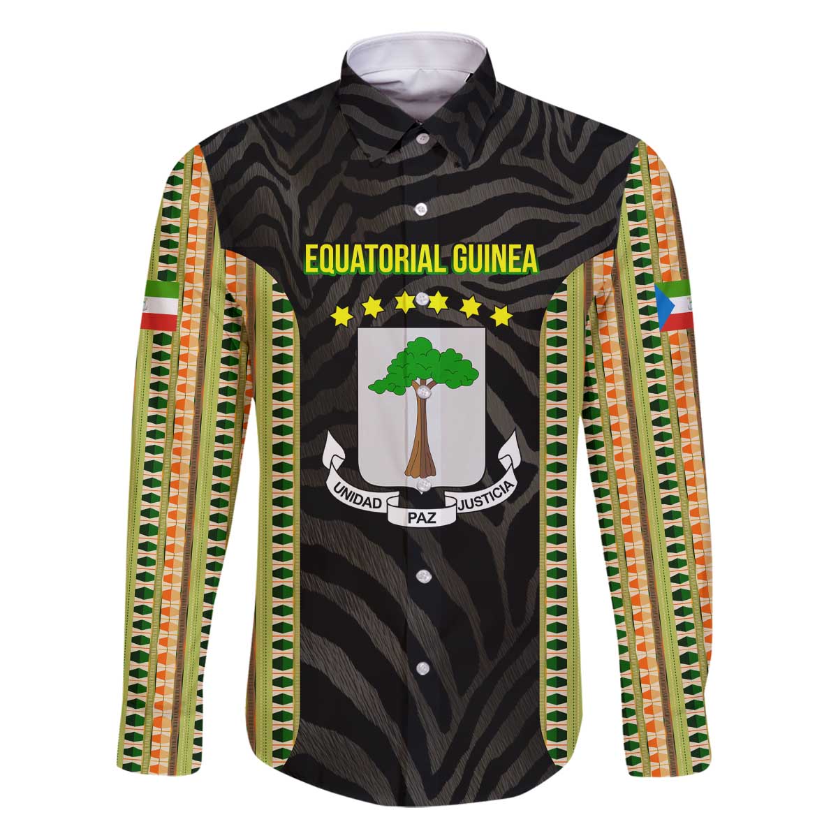 Equatorial Guinea Heritage Family Matching Off The Shoulder Long Sleeve Dress and Hawaiian Shirt with National Emblem and Tribal Zebra Print