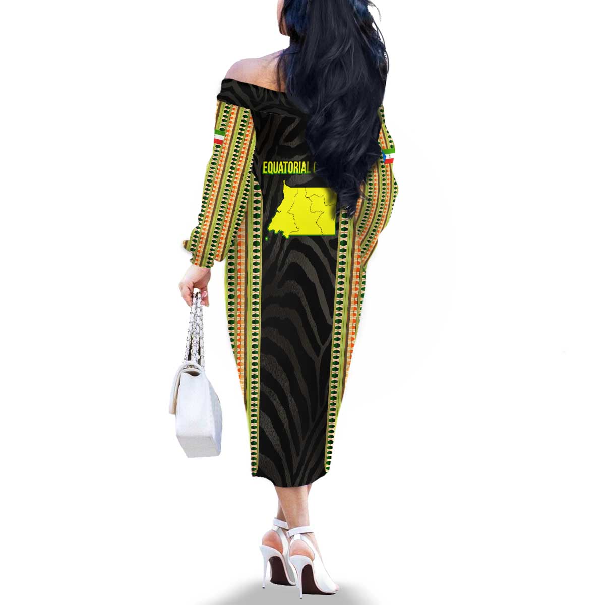 Equatorial Guinea Heritage Family Matching Off The Shoulder Long Sleeve Dress and Hawaiian Shirt with National Emblem and Tribal Zebra Print