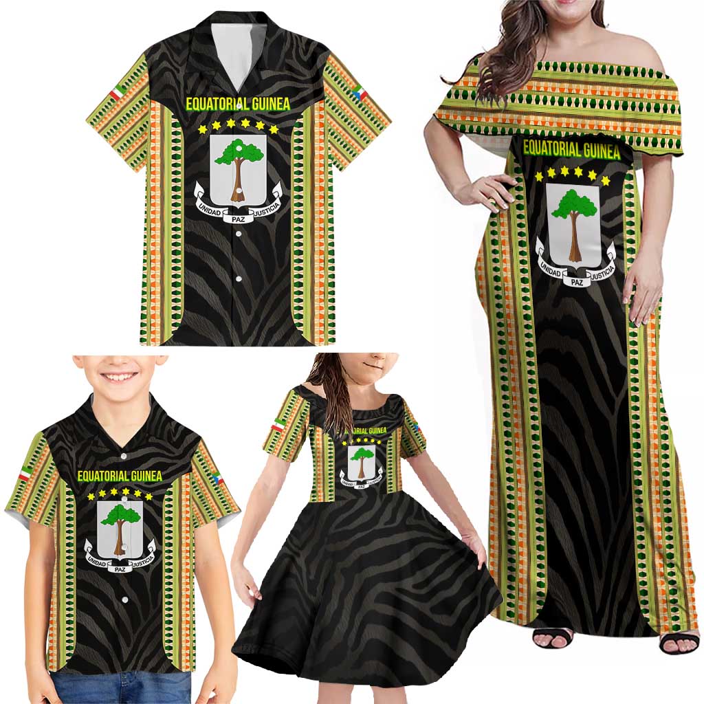 Equatorial Guinea Heritage Family Matching Off Shoulder Maxi Dress and Hawaiian Shirt with National Emblem and Tribal Zebra Print