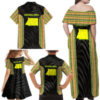 Equatorial Guinea Heritage Family Matching Off Shoulder Maxi Dress and Hawaiian Shirt with National Emblem and Tribal Zebra Print