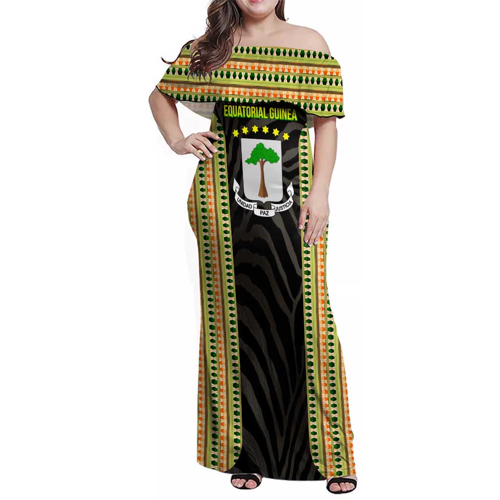 Equatorial Guinea Heritage Family Matching Off Shoulder Maxi Dress and Hawaiian Shirt with National Emblem and Tribal Zebra Print