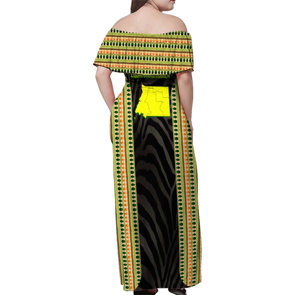 Equatorial Guinea Heritage Family Matching Off Shoulder Maxi Dress and Hawaiian Shirt with National Emblem and Tribal Zebra Print
