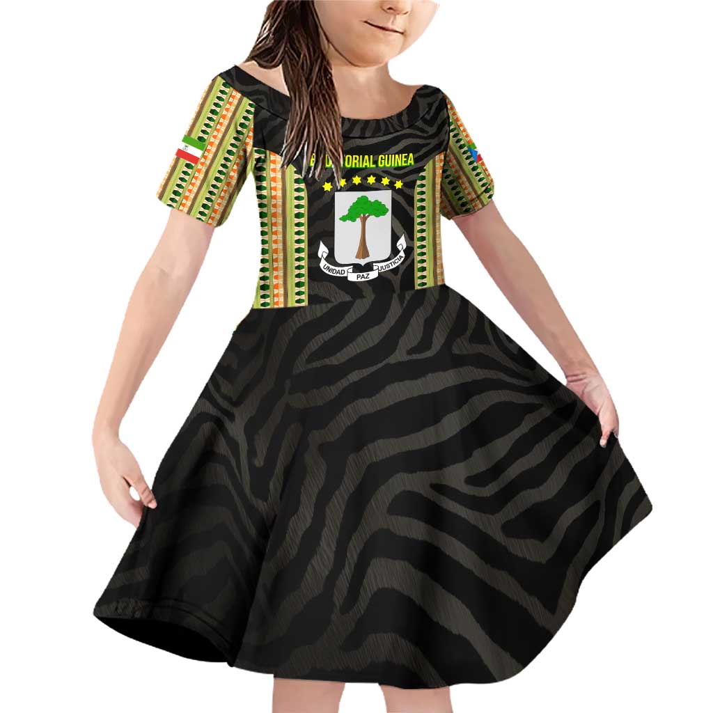 Equatorial Guinea Heritage Family Matching Off Shoulder Short Dress and Hawaiian Shirt with National Emblem and Tribal Zebra Print