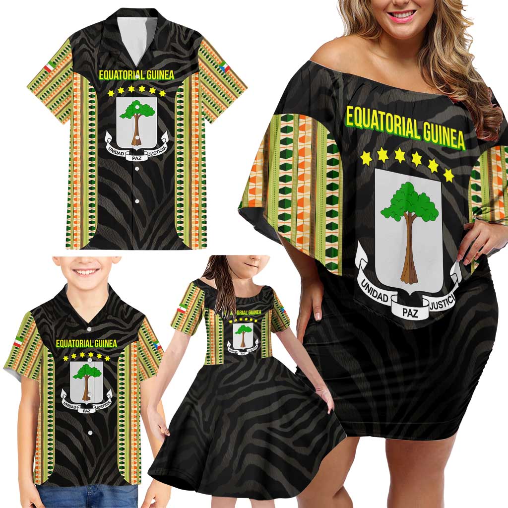 Equatorial Guinea Heritage Family Matching Off Shoulder Short Dress and Hawaiian Shirt with National Emblem and Tribal Zebra Print