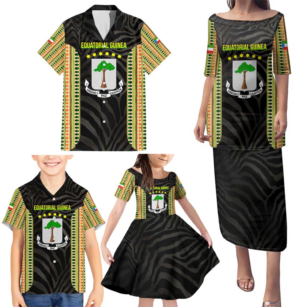 Equatorial Guinea Heritage Family Matching Puletasi and Hawaiian Shirt with National Emblem and Tribal Zebra Print