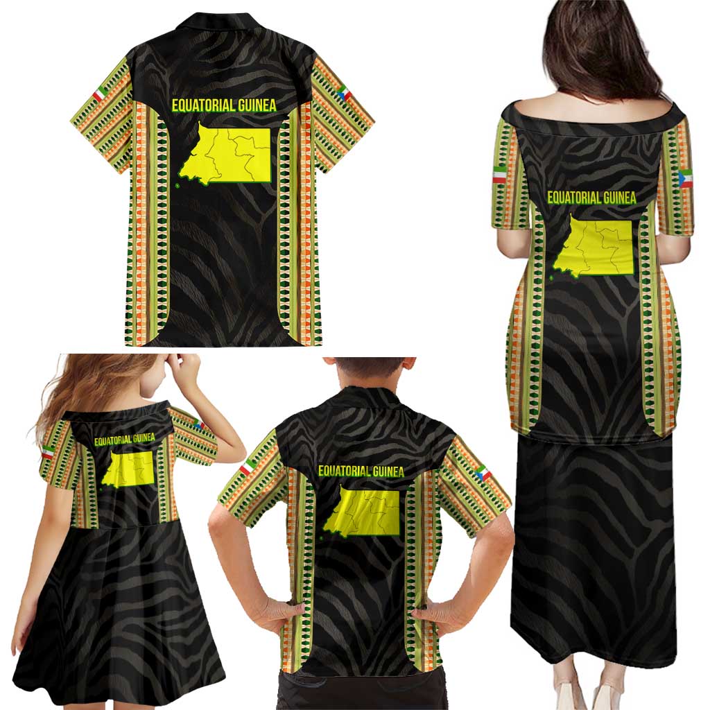 Equatorial Guinea Heritage Family Matching Puletasi and Hawaiian Shirt with National Emblem and Tribal Zebra Print