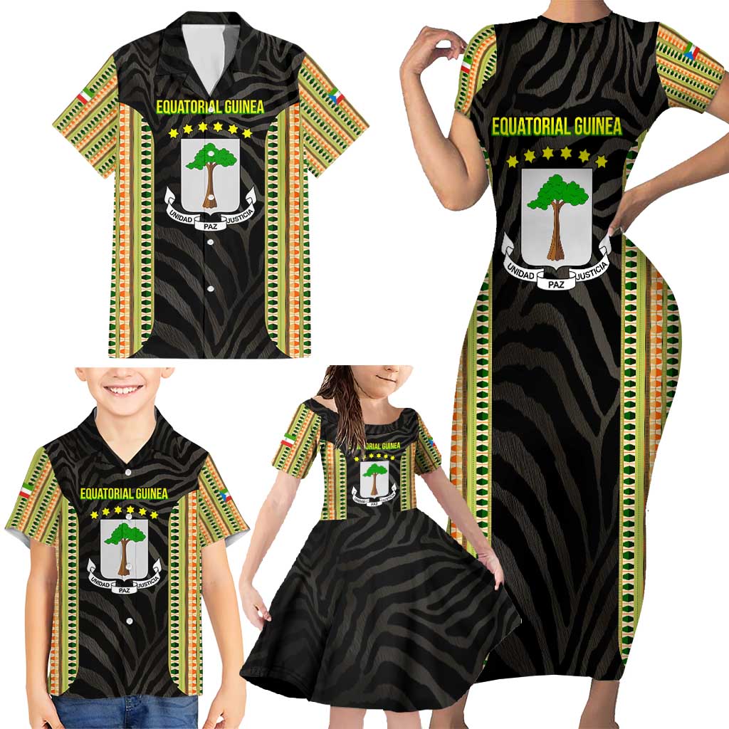 Equatorial Guinea Heritage Family Matching Short Sleeve Bodycon Dress and Hawaiian Shirt with National Emblem and Tribal Zebra Print