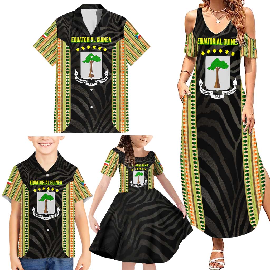 Equatorial Guinea Heritage Family Matching Summer Maxi Dress and Hawaiian Shirt with National Emblem and Tribal Zebra Print