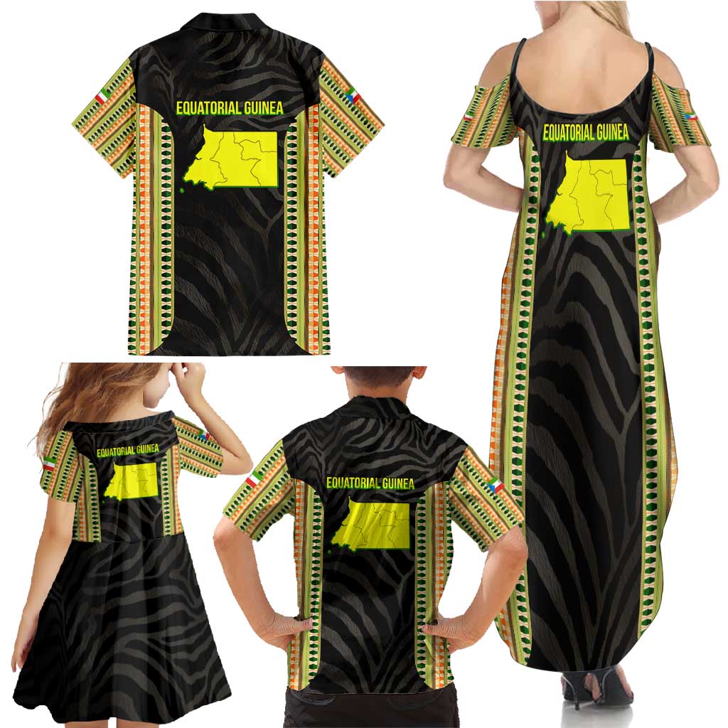 Equatorial Guinea Heritage Family Matching Summer Maxi Dress and Hawaiian Shirt with National Emblem and Tribal Zebra Print