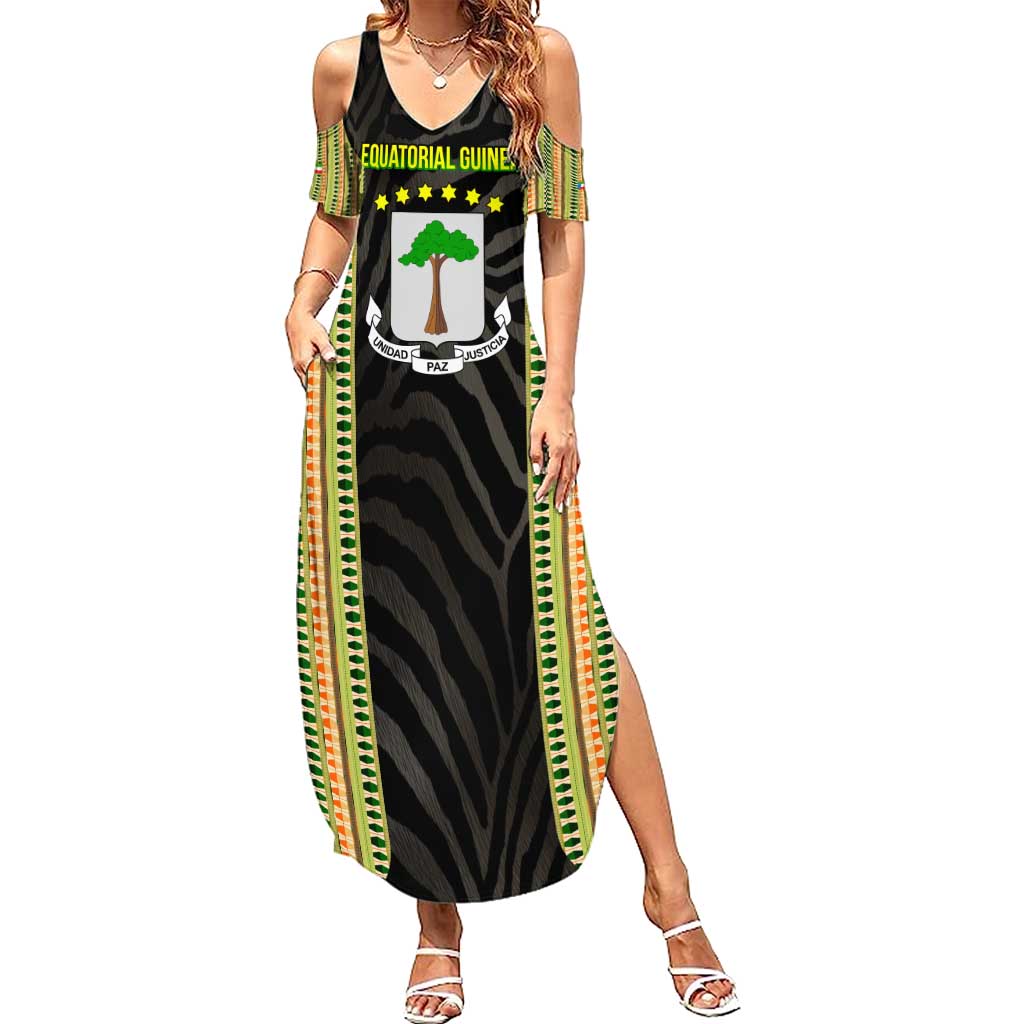 Equatorial Guinea Heritage Family Matching Summer Maxi Dress and Hawaiian Shirt with National Emblem and Tribal Zebra Print
