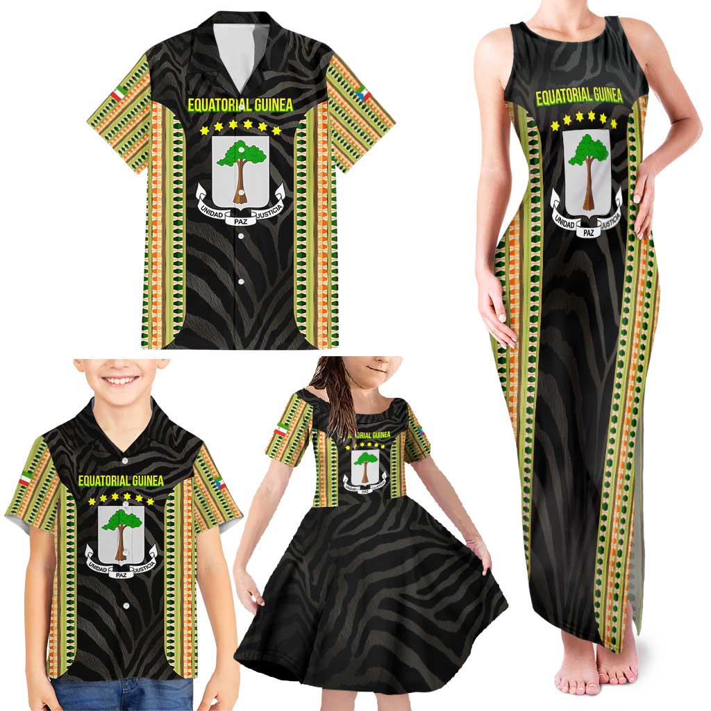 Equatorial Guinea Heritage Family Matching Tank Maxi Dress and Hawaiian Shirt with National Emblem and Tribal Zebra Print