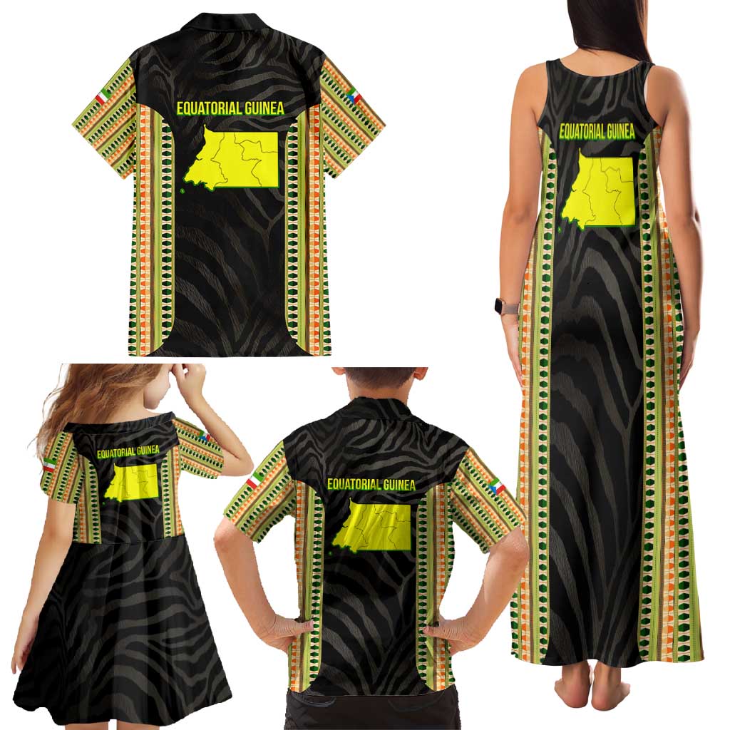 Equatorial Guinea Heritage Family Matching Tank Maxi Dress and Hawaiian Shirt with National Emblem and Tribal Zebra Print