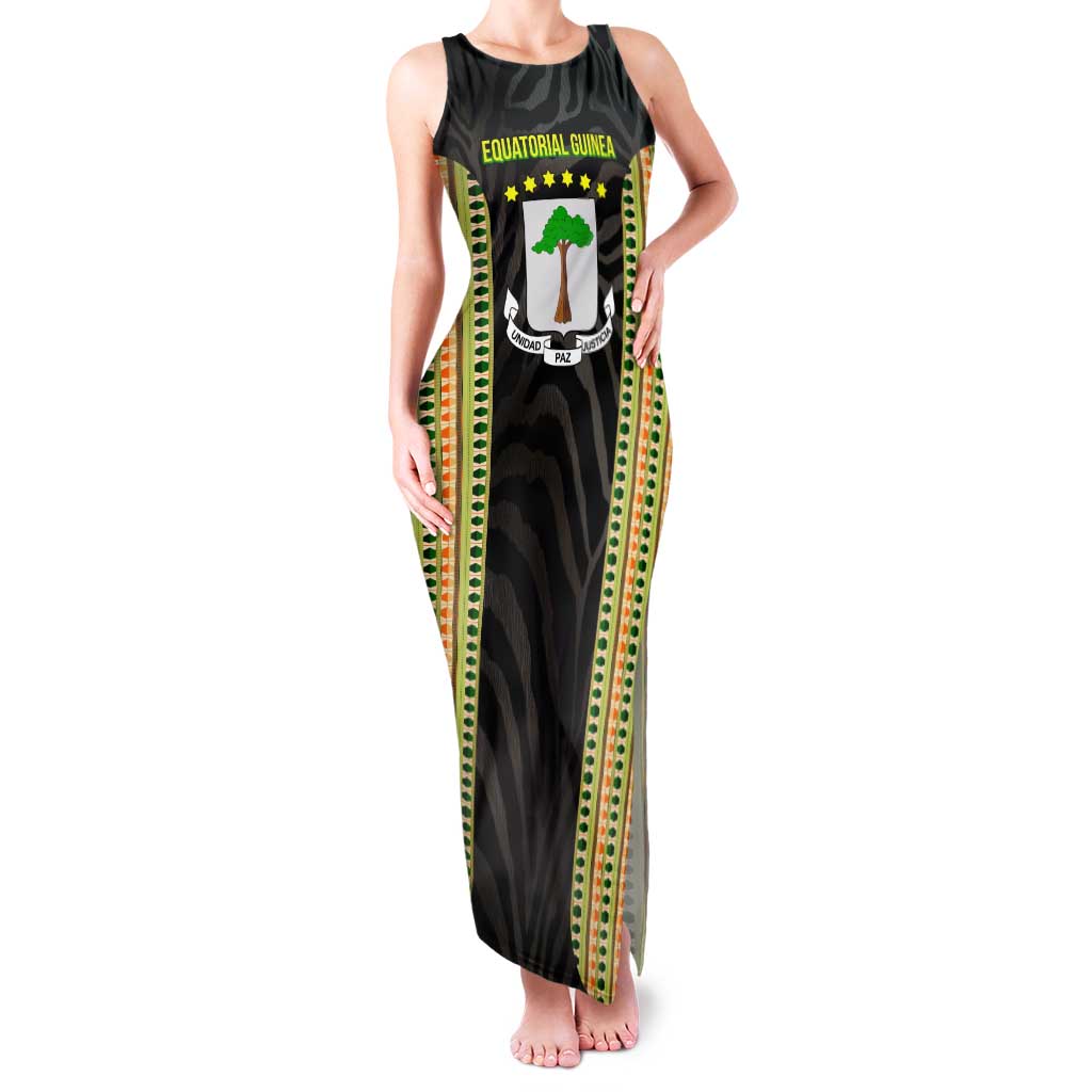 Equatorial Guinea Heritage Family Matching Tank Maxi Dress and Hawaiian Shirt with National Emblem and Tribal Zebra Print