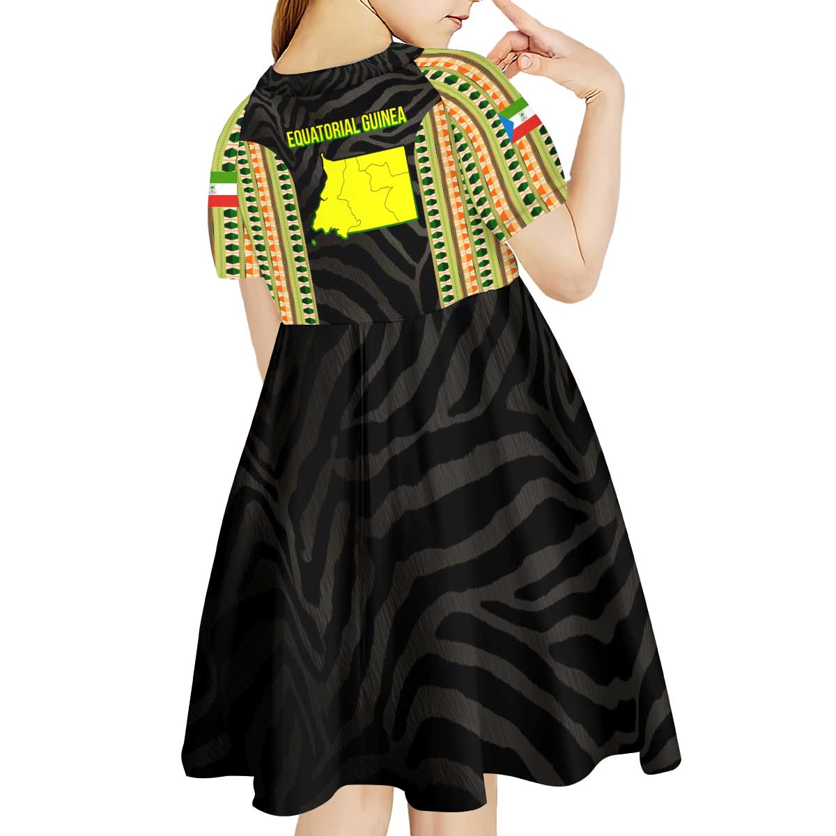 Equatorial Guinea Heritage Kid Short Sleeve Dress with National Emblem and Tribal Zebra Print