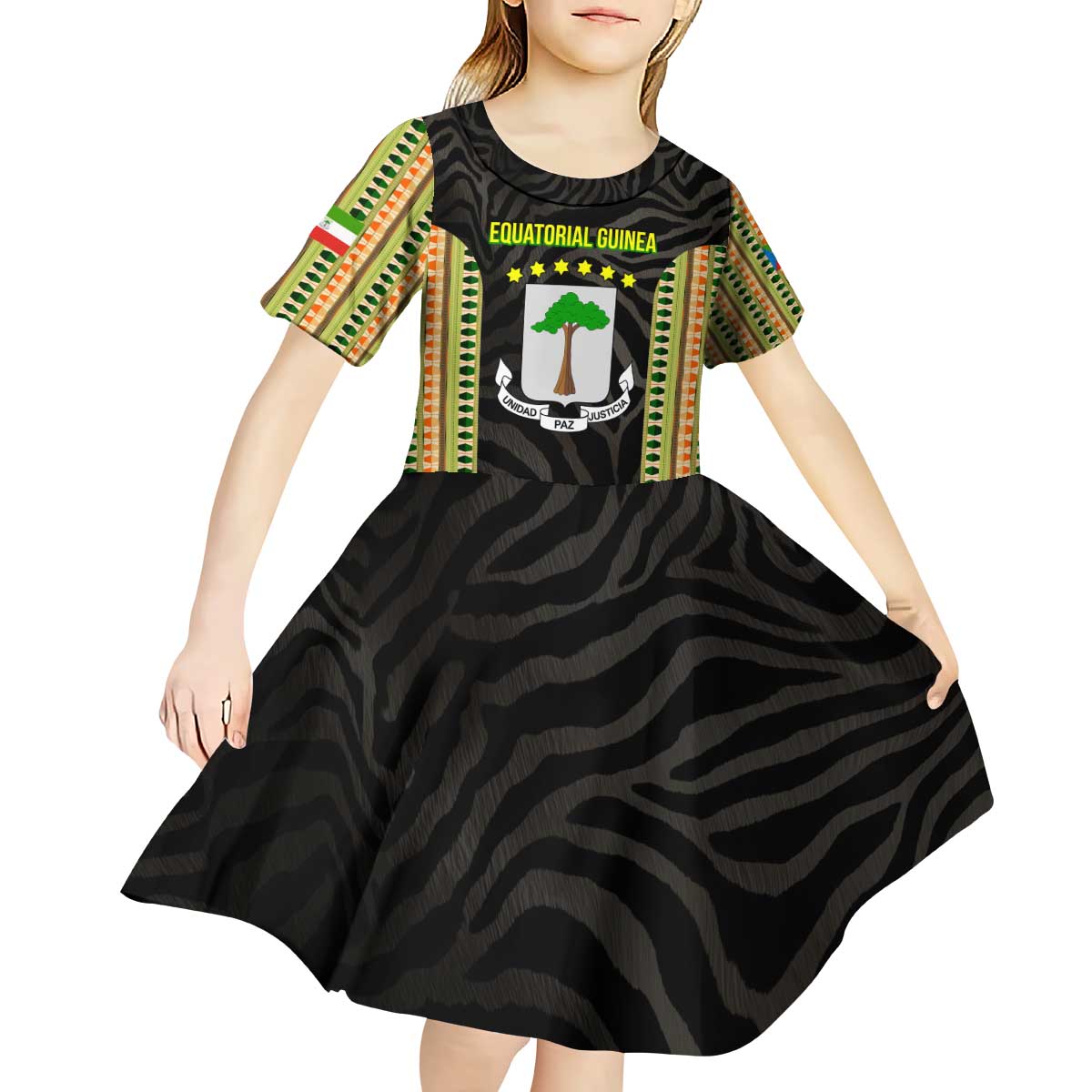 Equatorial Guinea Heritage Kid Short Sleeve Dress with National Emblem and Tribal Zebra Print