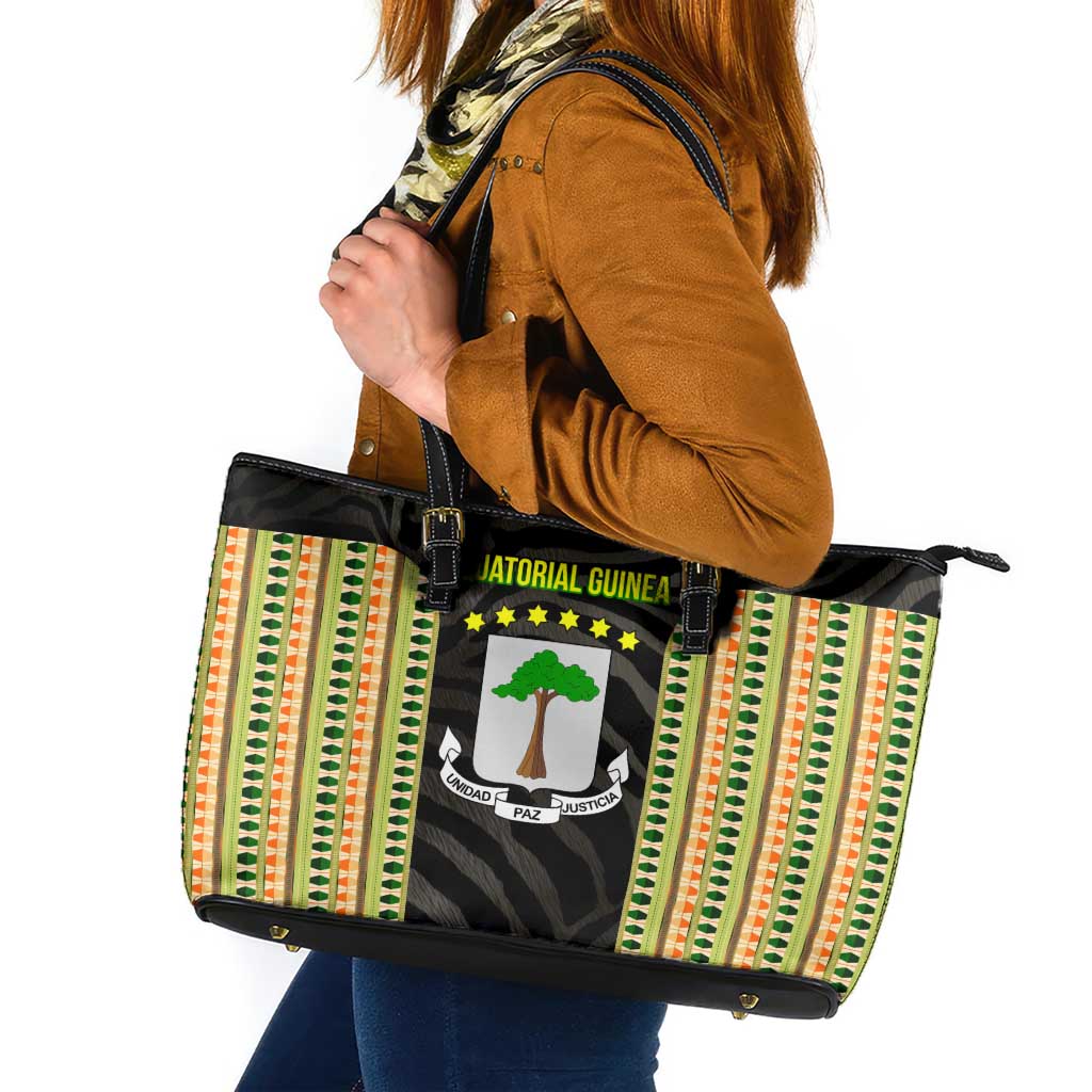 Equatorial Guinea Heritage Leather Tote Bag with National Emblem and Tribal Zebra Print