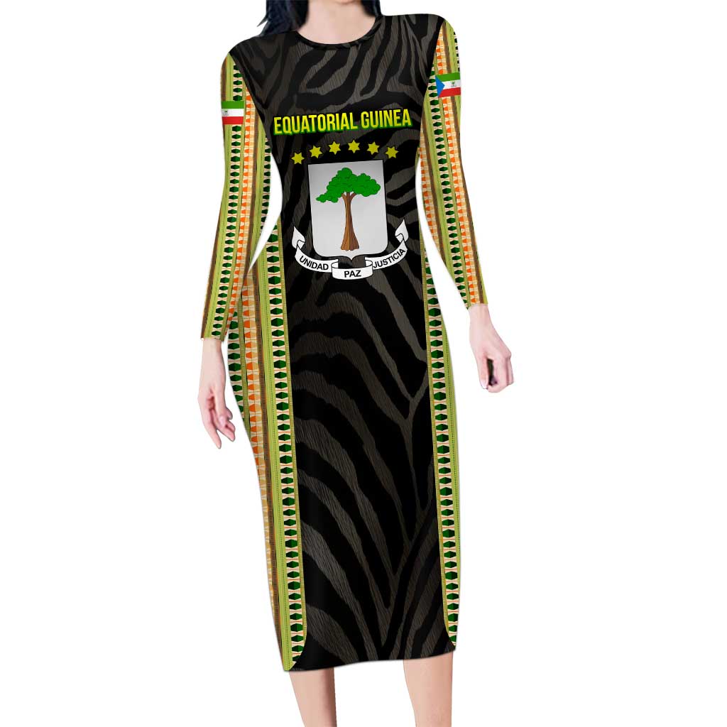 Equatorial Guinea Heritage Long Sleeve Bodycon Dress with National Emblem and Tribal Zebra Print