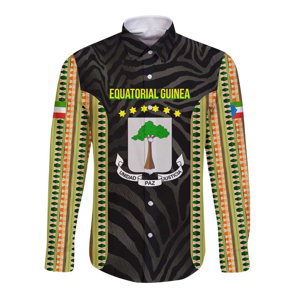Equatorial Guinea Heritage Long Sleeve Button Shirt with National Emblem and Tribal Zebra Print