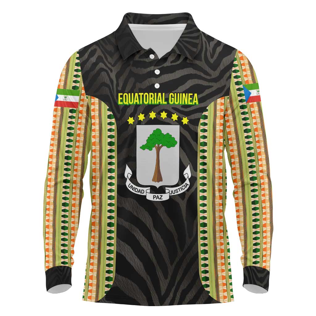 Equatorial Guinea Heritage Long Sleeve Polo Shirt with National Emblem and Tribal Zebra Print