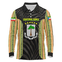 Equatorial Guinea Heritage Long Sleeve Polo Shirt with National Emblem and Tribal Zebra Print
