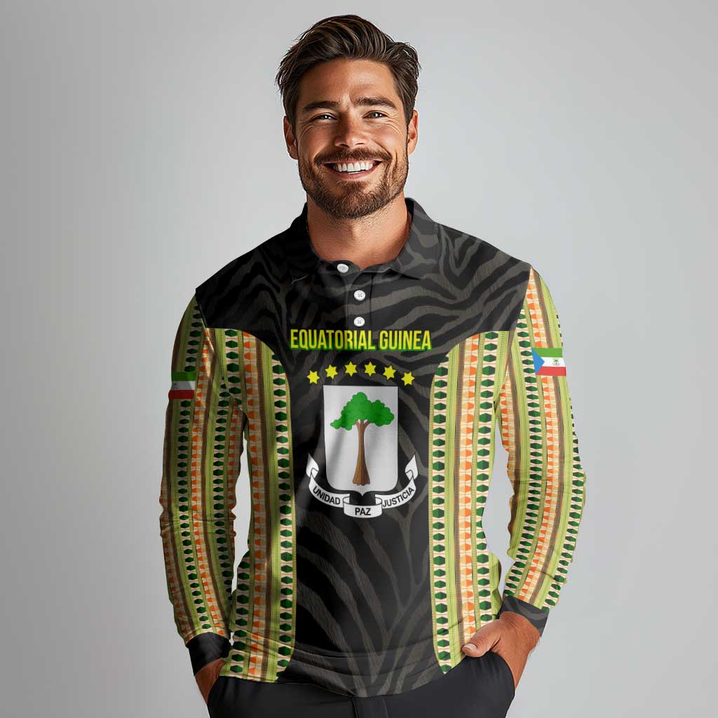Equatorial Guinea Heritage Long Sleeve Polo Shirt with National Emblem and Tribal Zebra Print