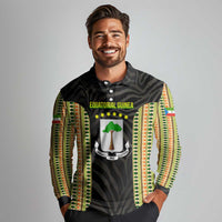 Equatorial Guinea Heritage Long Sleeve Polo Shirt with National Emblem and Tribal Zebra Print
