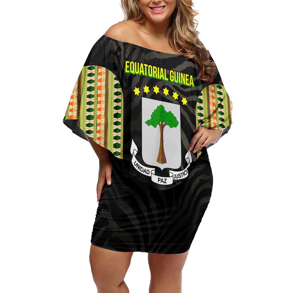 Equatorial Guinea Heritage Off Shoulder Short Dress with National Emblem and Tribal Zebra Print