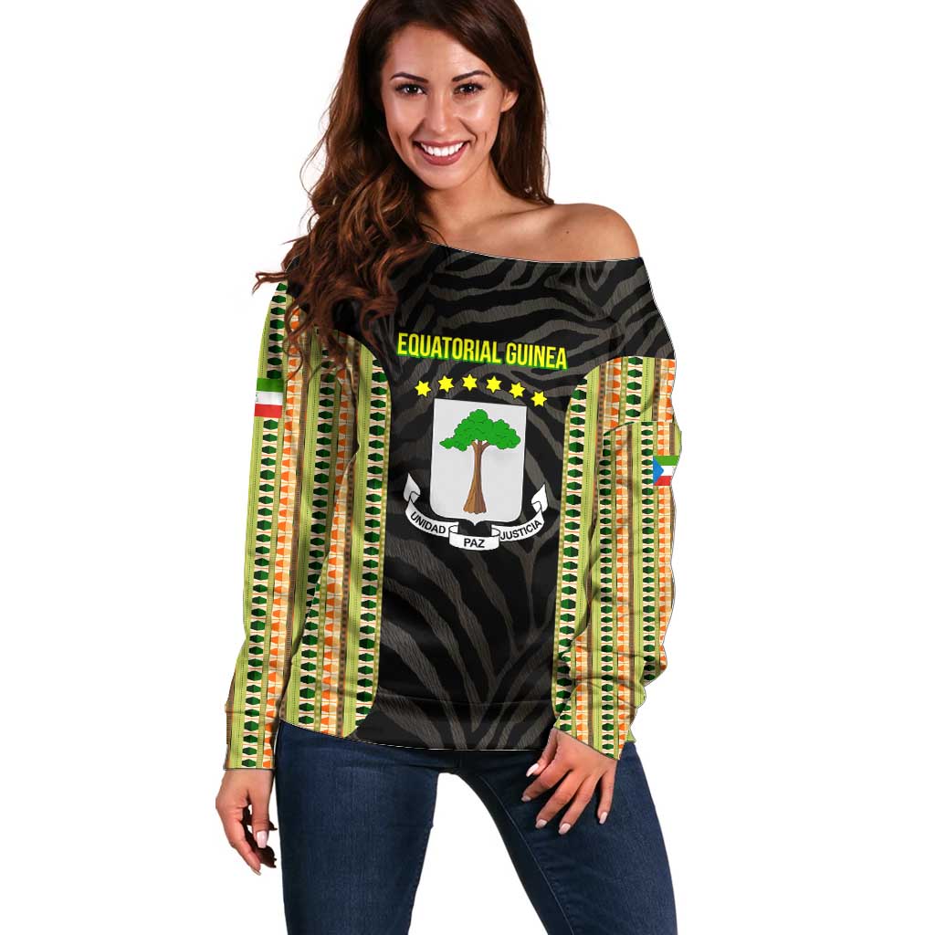 Equatorial Guinea Heritage Off Shoulder Sweater with National Emblem and Tribal Zebra Print