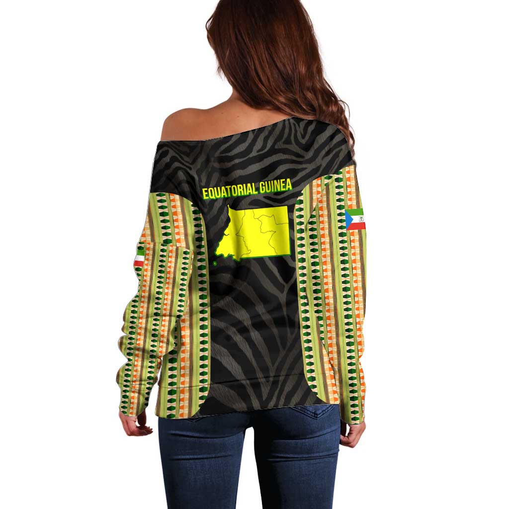 Equatorial Guinea Heritage Off Shoulder Sweater with National Emblem and Tribal Zebra Print