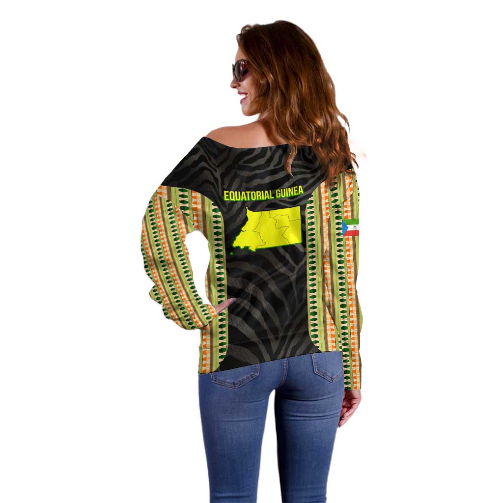 Equatorial Guinea Heritage Off Shoulder Sweater with National Emblem and Tribal Zebra Print