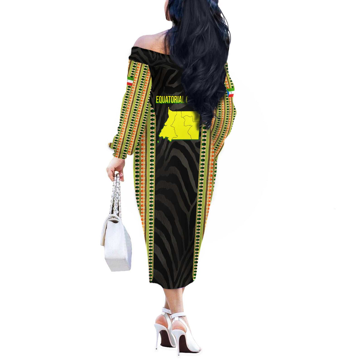 Equatorial Guinea Heritage Off The Shoulder Long Sleeve Dress with National Emblem and Tribal Zebra Print